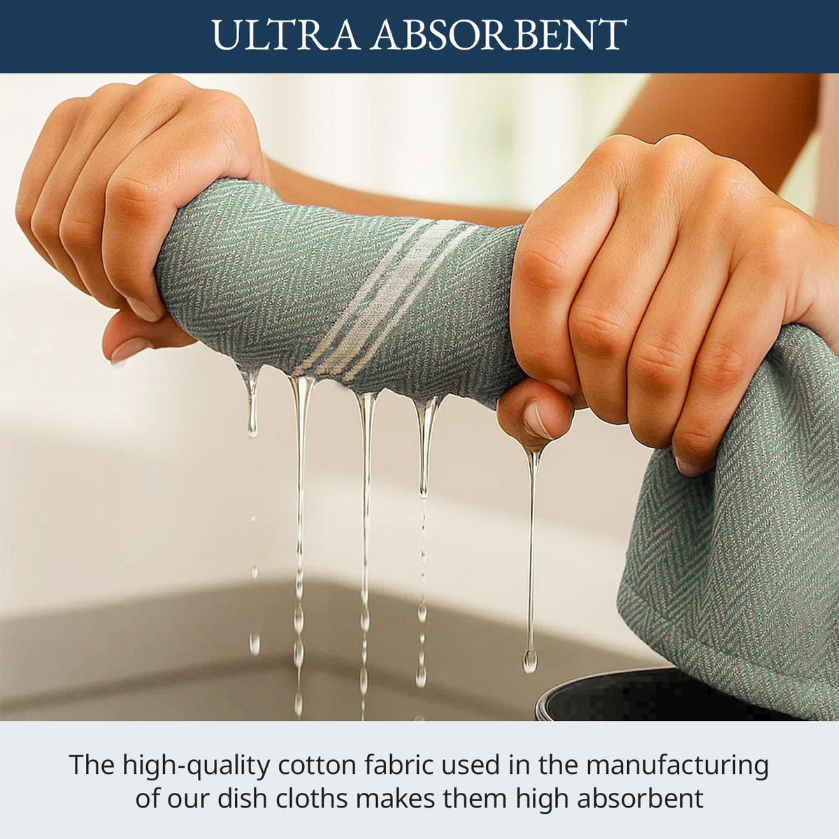 Lane Linen olive towels absorbing liquid quickly after a spill