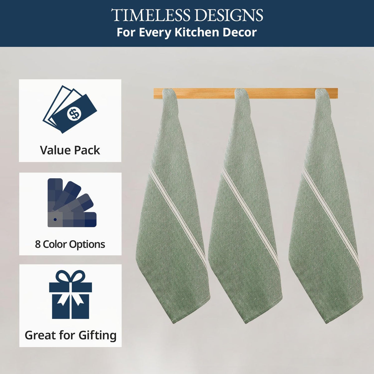 Lane Linen olive towel stripe detail adds subtle kitchen elegance