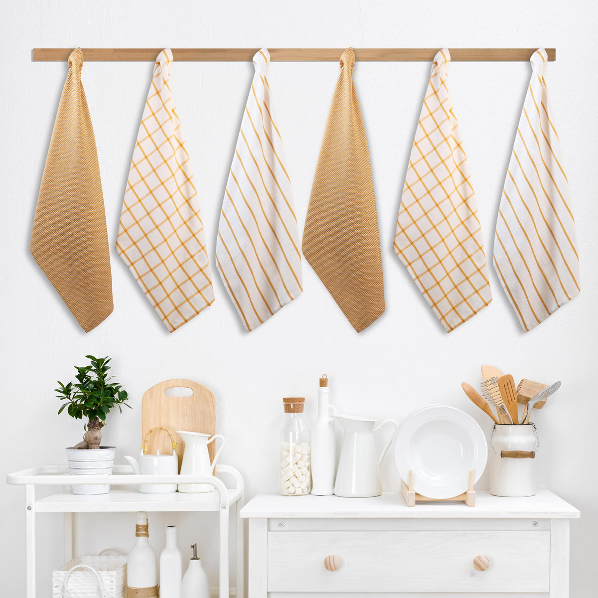 Lane Linen pack includes yellow dish towels for drying dishes.