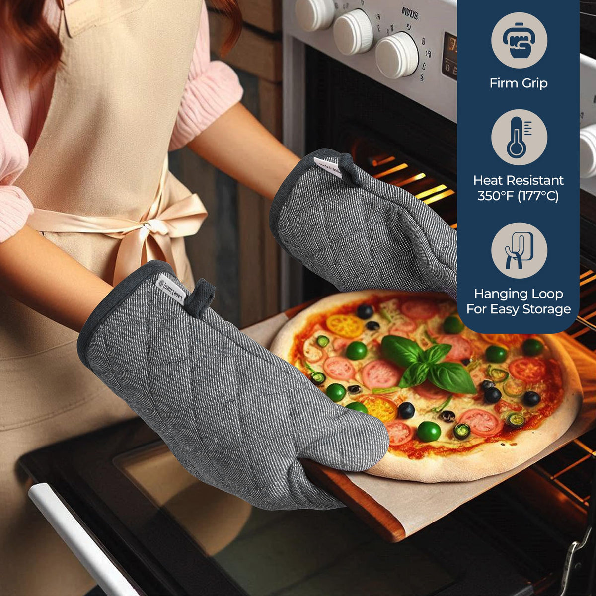 Lane Linen oven mitts resist heat up to 350F for safe handling