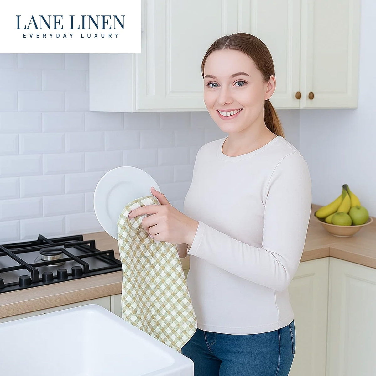 LANE LINEN striped-design beige towels add style while performing kitchen tasks