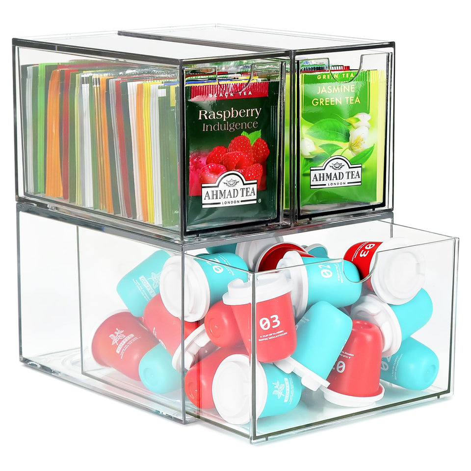 LANLISA tea and coffee organizer in top view keeps counter tidy.