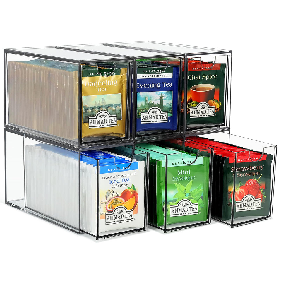 LANLISA six-drawer tea bag organizer keeps tea bags neatly organized and accessible.