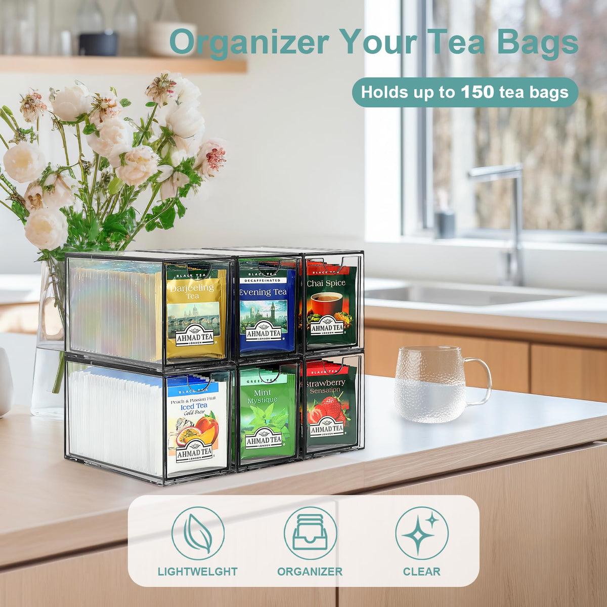 LANLISA acrylic tea bag holder showcases clear design while protecting contents.