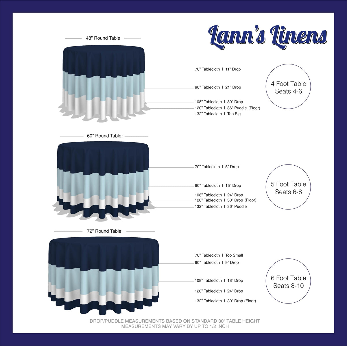 White Lann's Linens 120-round tablecloth suited for versatile decor and fast laundering