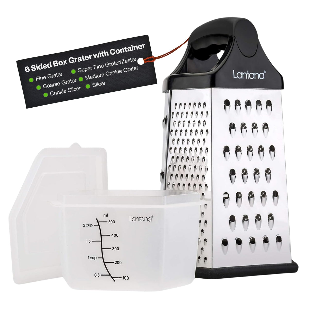 Lantana cheese grater with container and lid for mess-free results.