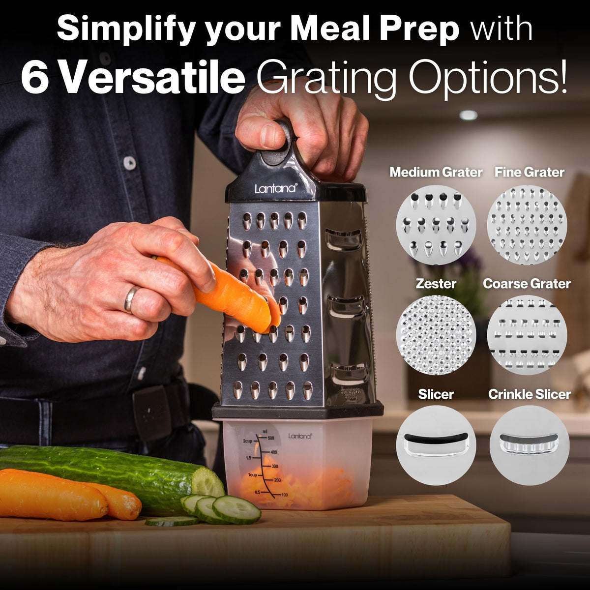 Lantana grater's measuring hexagonal container for accurate portions.