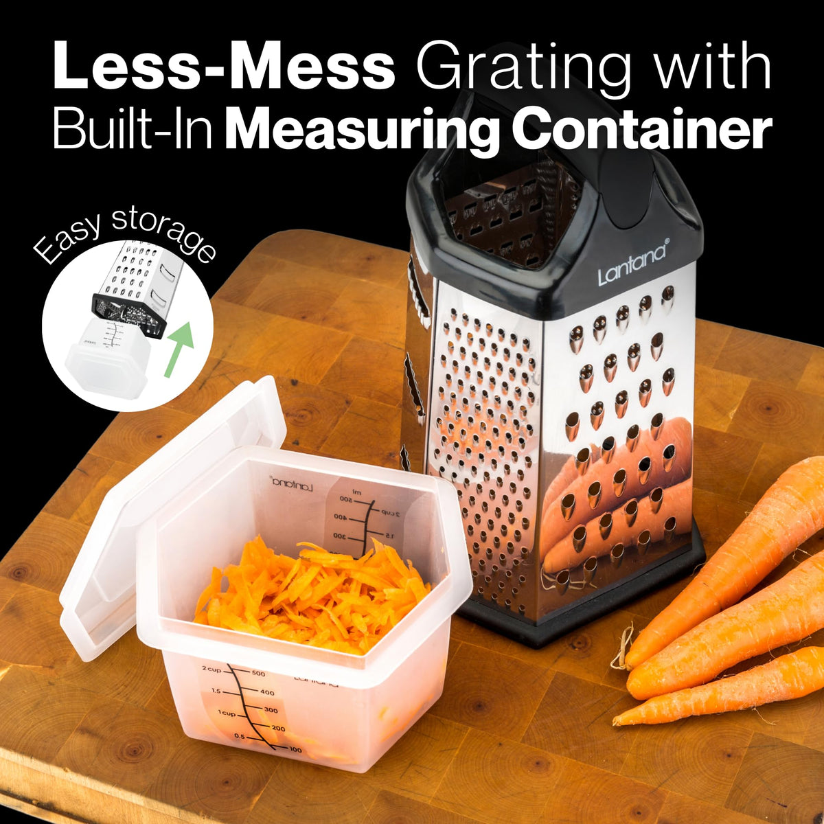 Lantana grater with non-slip base and ergonomic handle for control.