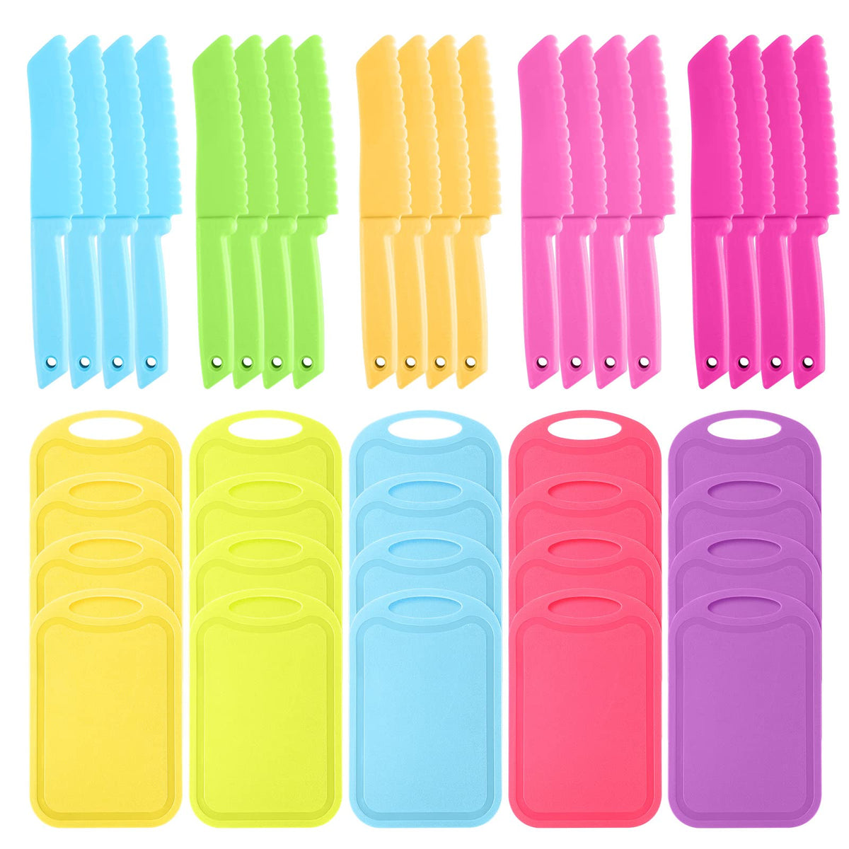 Lanties kids cutting board set in colorful colors for safe practice with food prep.