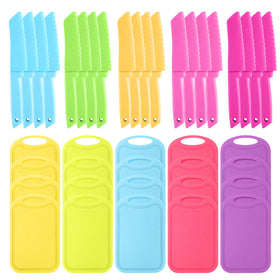 Lanties kids cutting board set in colorful colors for safe practice with food prep.