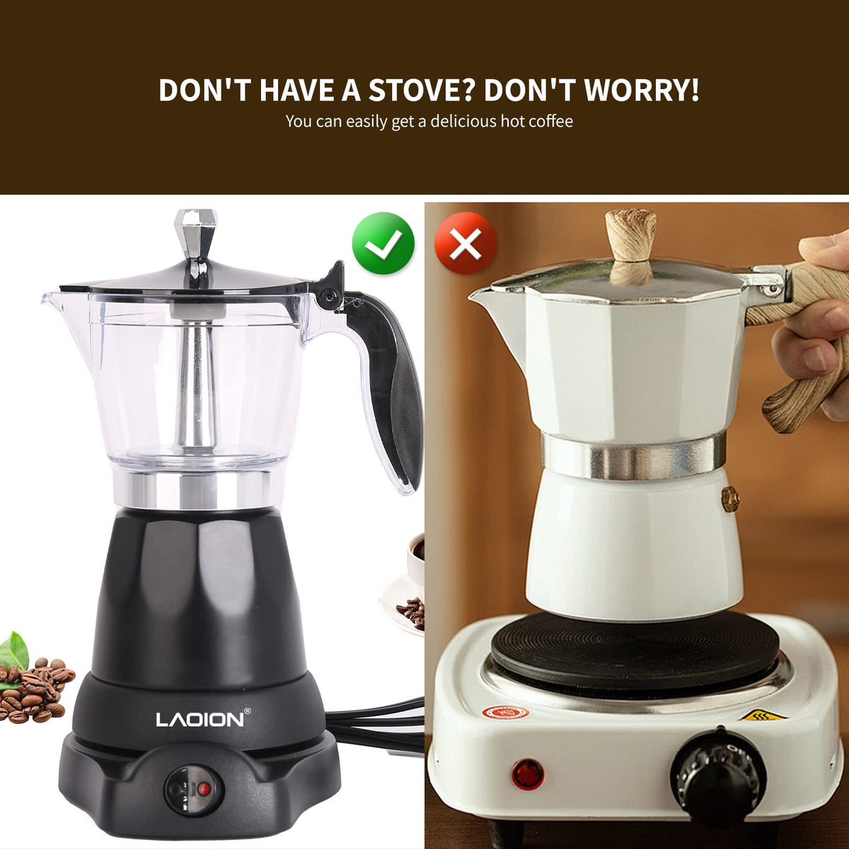 LAOION Cuban Coffee Maker 6cup brew demonstrates its compact capacity for mornings