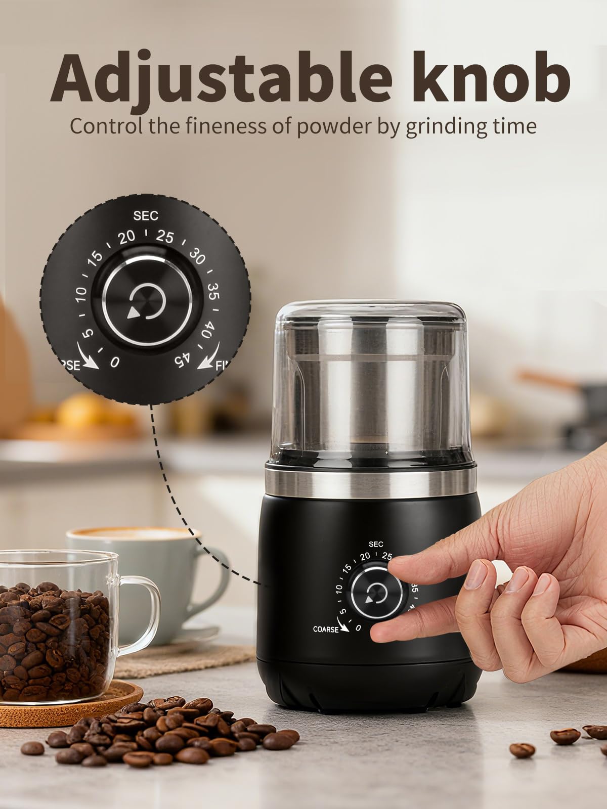 LAOION grinder with timer-dial-5-45s for precise texture control.