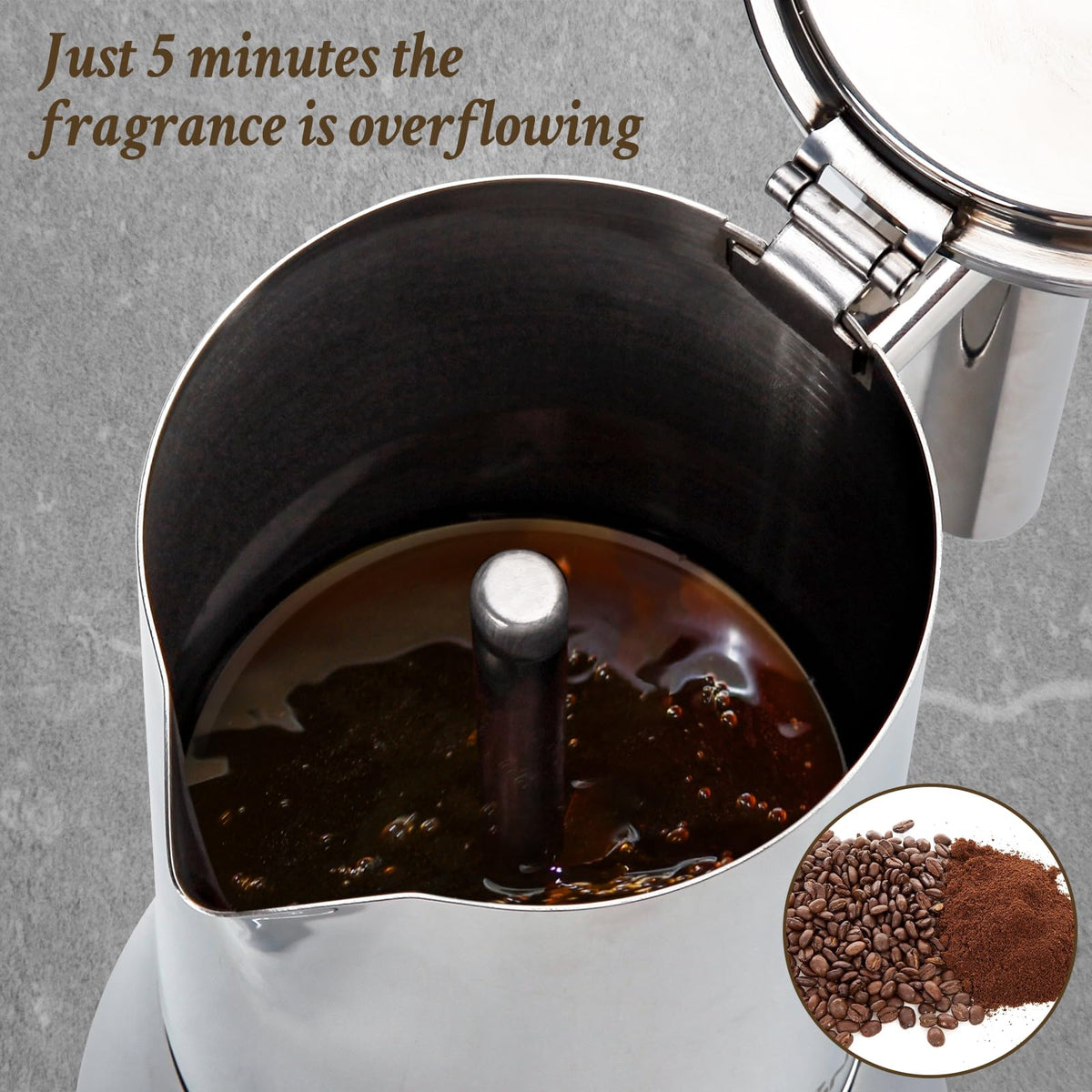 LAOION moka pot brew closeup highlights rich crema-inspired aroma.
