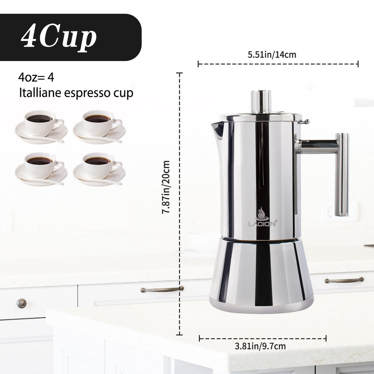 LAOION moka pot stainless steel image shows even heat distribution for consistent flavor.