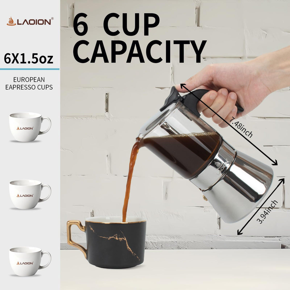 LAOION moka pot with stainless steel induction base for even heating.