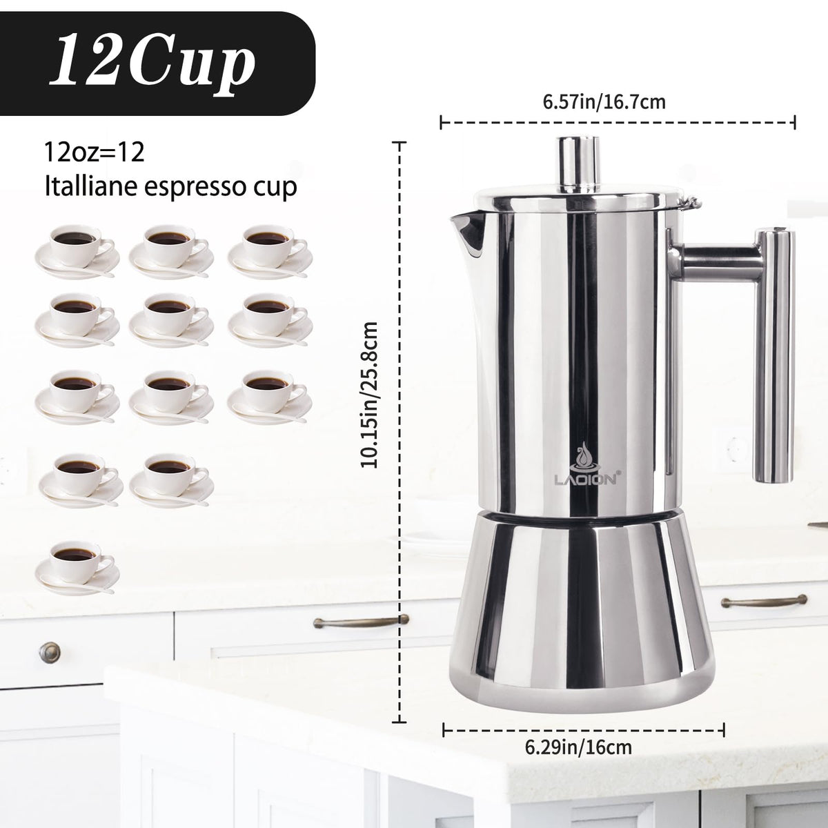 LAOION stainless steel Moka pot close-up highlighting durable build for daily use.