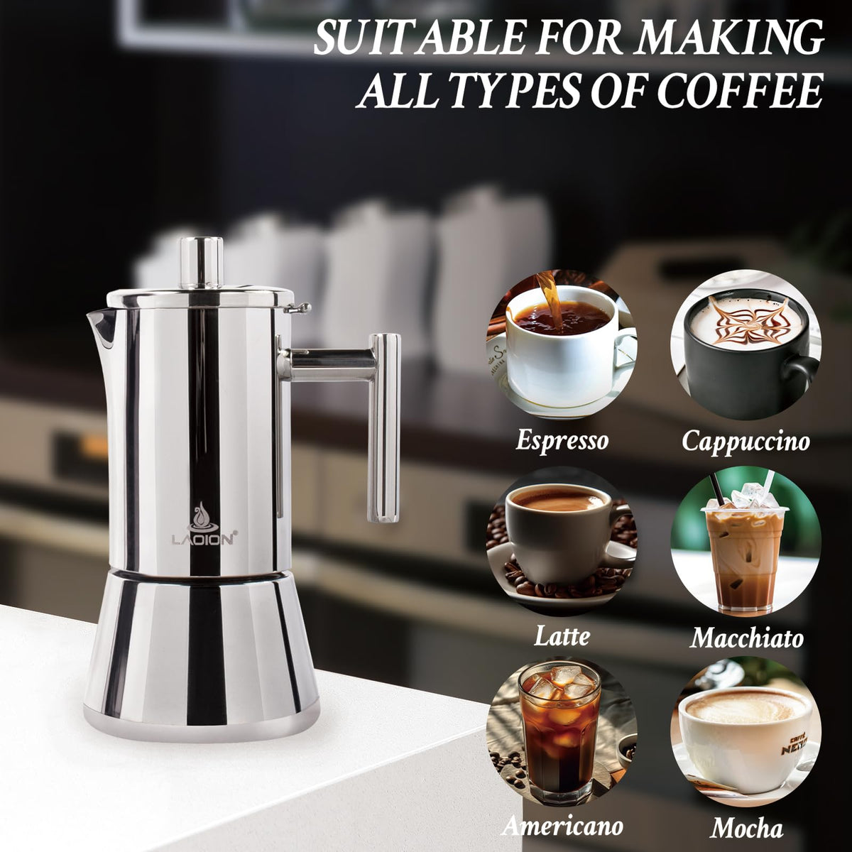 LAOION stovetop coffee maker handle shows ergonomic grip for safe pouring.