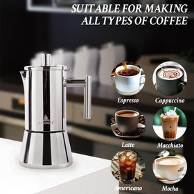 LAOION stovetop coffee maker handle shows ergonomic grip for safe pouring.