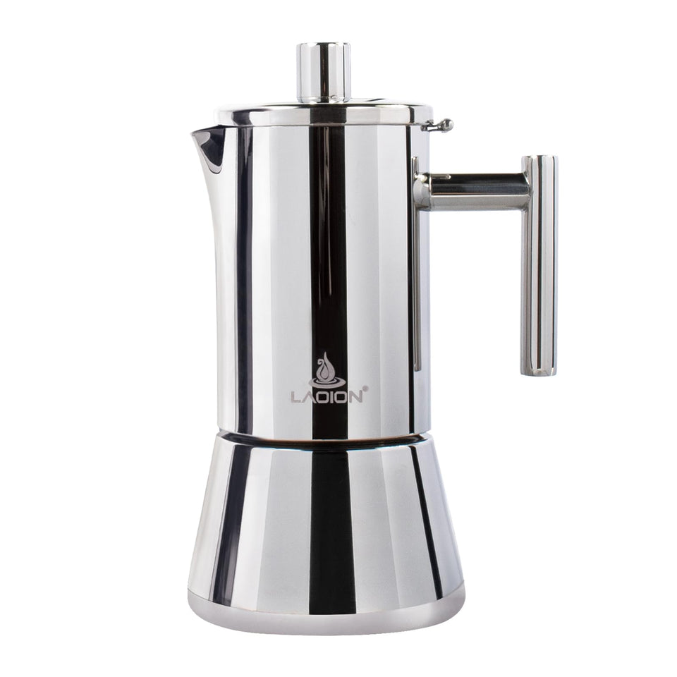 LAOION stovetop espresso maker 4-cup highlights durable stainless steel for daily, reliable brews.