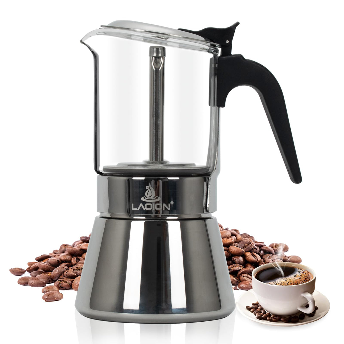 LAOION stovetop espresso maker with glass top shows rich, compact brews.