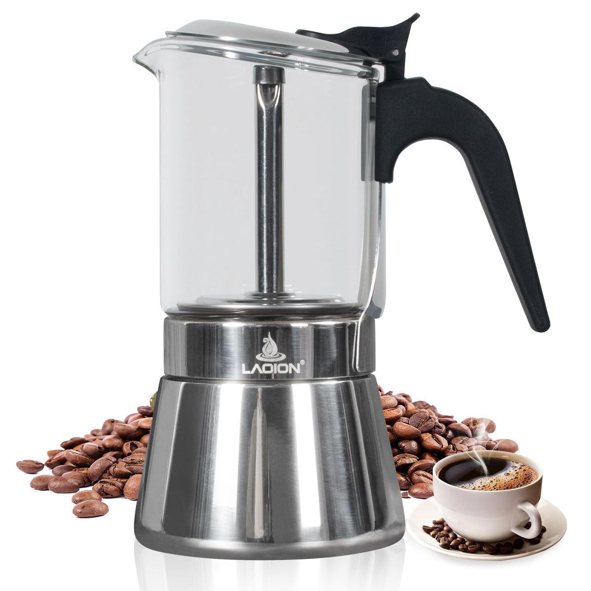 LAOION stovetop espresso maker with 9-cup moka pot ready for induction brewing
