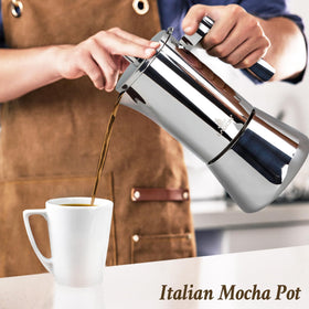 LAOION stovetop espresso set on stove demonstrates compact, travel-friendly design.