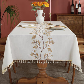 Laolitou cotton linen tablecloth with waterproof coating protecting against spills on beige fabric