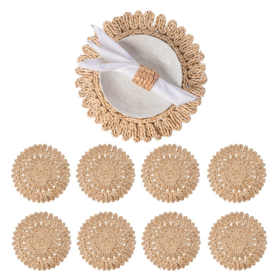 Laquedecraft round corn husk placemats show handwoven rustic texture for cozy dining.