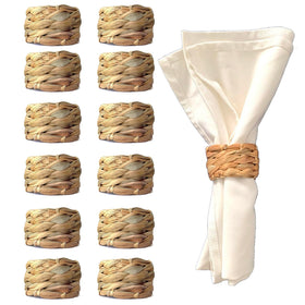 Laquedecraft napkin rings close-up showing natural water hyacinth weave for rustic charm