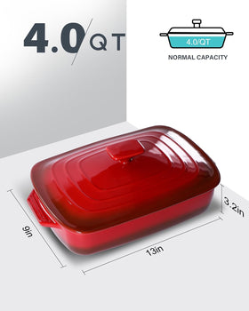 Lareina ceramic lasagna pan with lid in red, ideal for oven-to-table service.