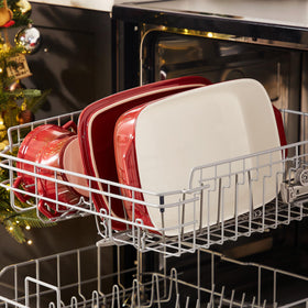Lareina red exterior enamel cleans easily after baking.