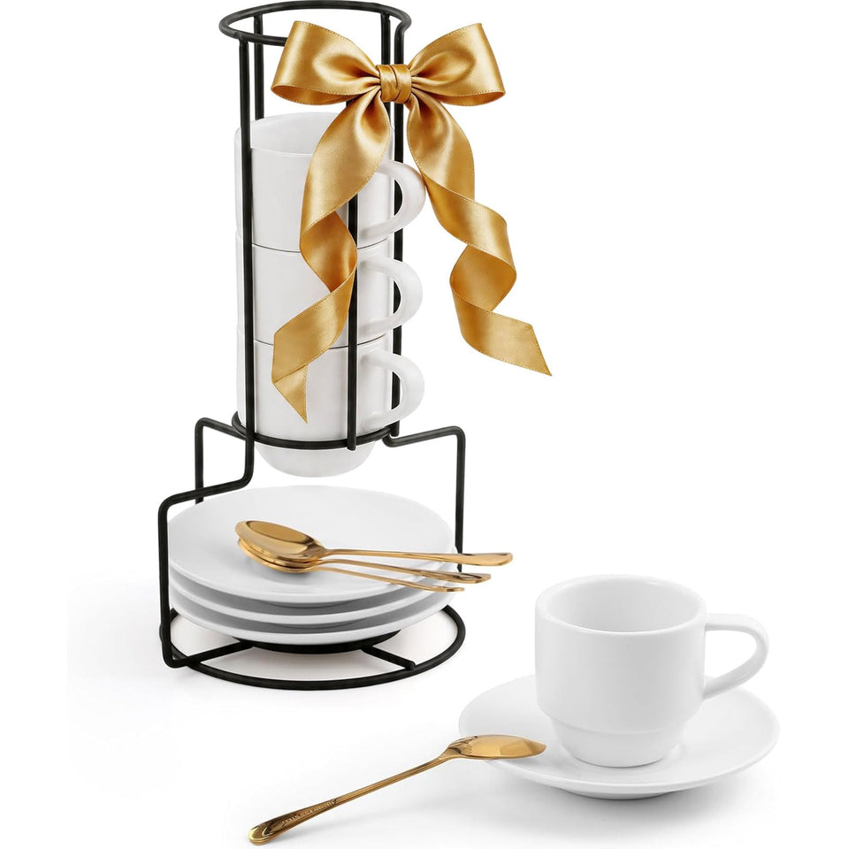 Lareina espresso cups with saucers and spoons on a metal stand for organized serving.