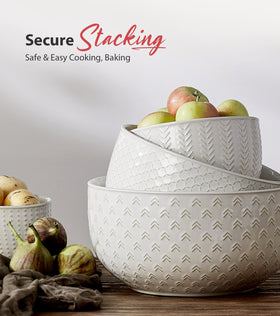 Lareina farmhouse white embossed bowls add rustic charm to the kitchen.