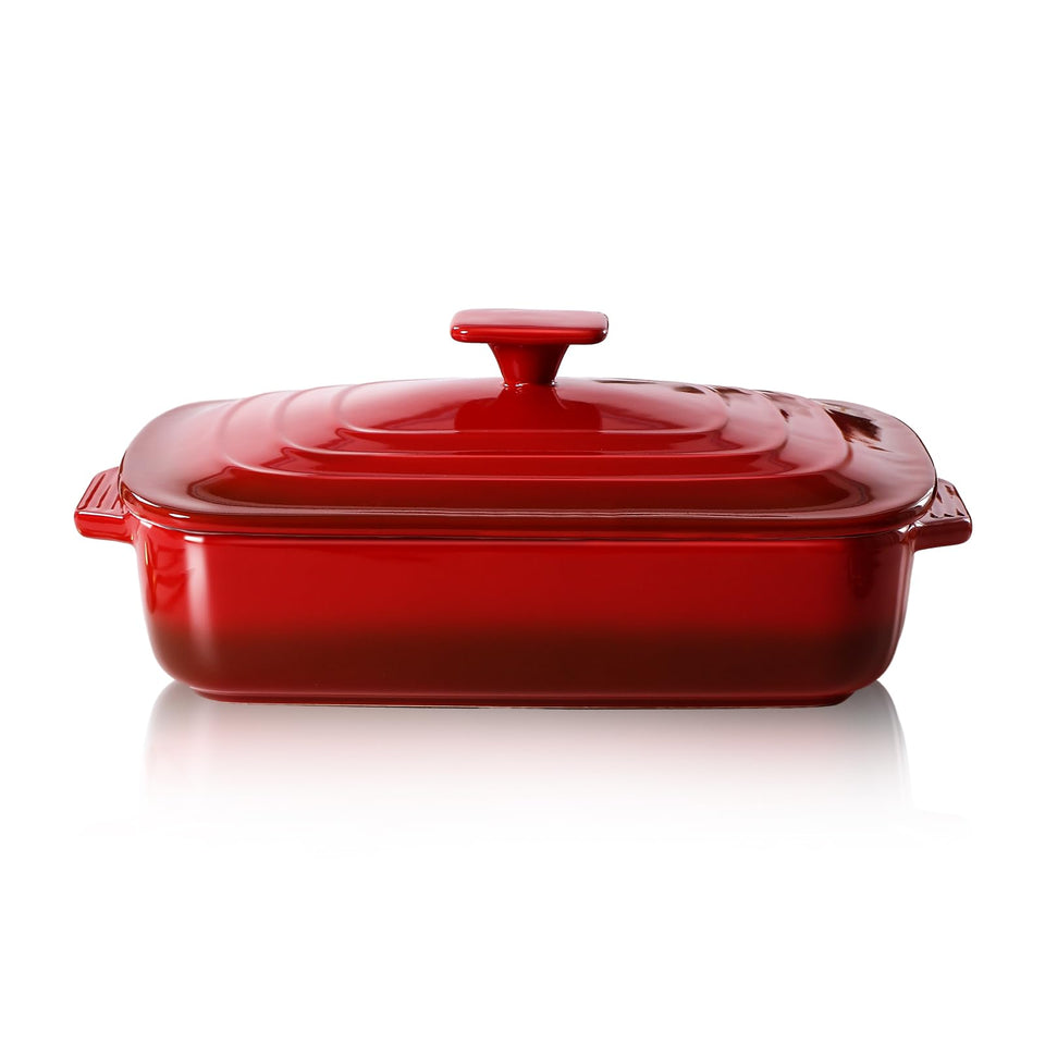 Lareina large ceramic casserole dish with lid in red, 4 qt capacity for family meals.