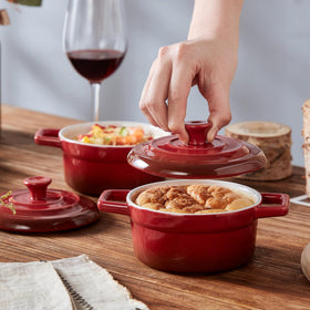 Lareina 12oz red cocotte baking in the oven for a comforting dish.
