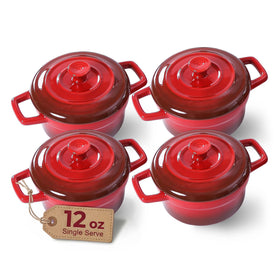 Lareina Mini Cocotte 12oz red dish with lid for portion control and warm serving.