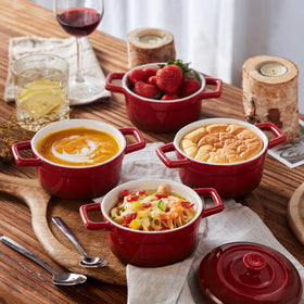 Lareina 12oz red cocotte with handles ready for easy transport.