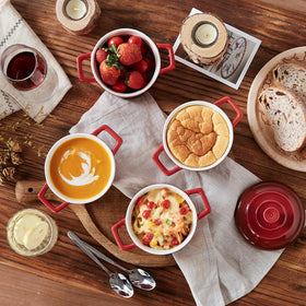 Lareina 12oz red cocotte keeps leftovers tasty for later.