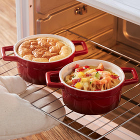 Lareina 12oz red cocotte is oven and microwave safe.