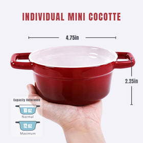 Lareina 12oz red cocotte serving dish on table.