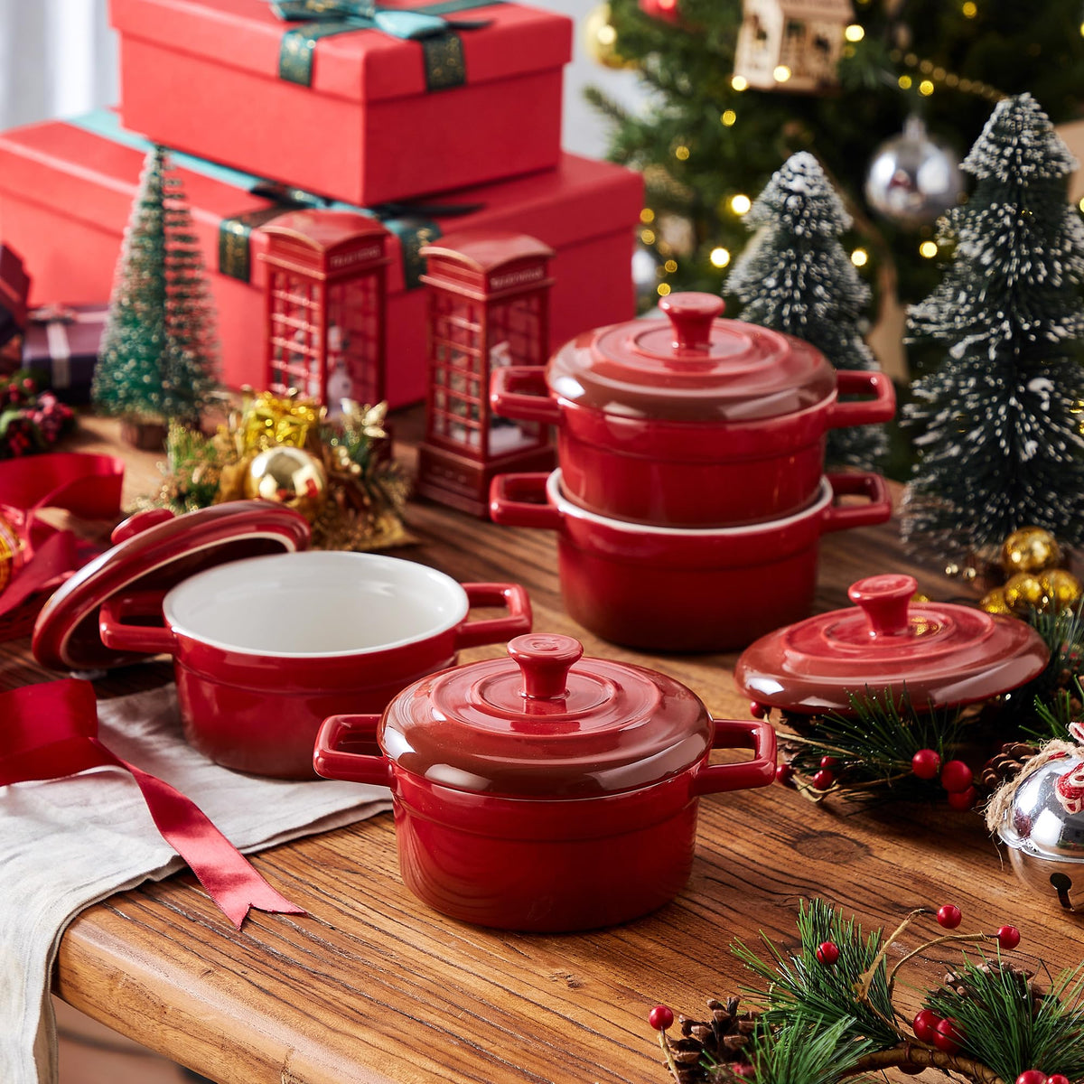 Lareina 12oz red cocotte stackable set of 4 for compact storage.
