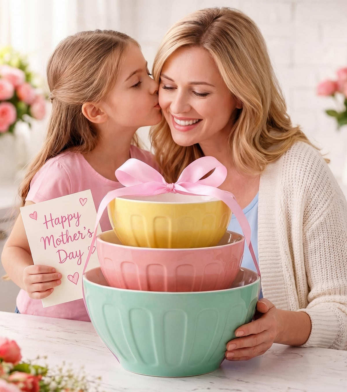 Lareina pastel colors brighten kitchen and meals.