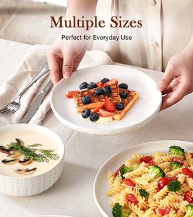 Lareina stoneware with a durable glaze resists scratches for daily use.