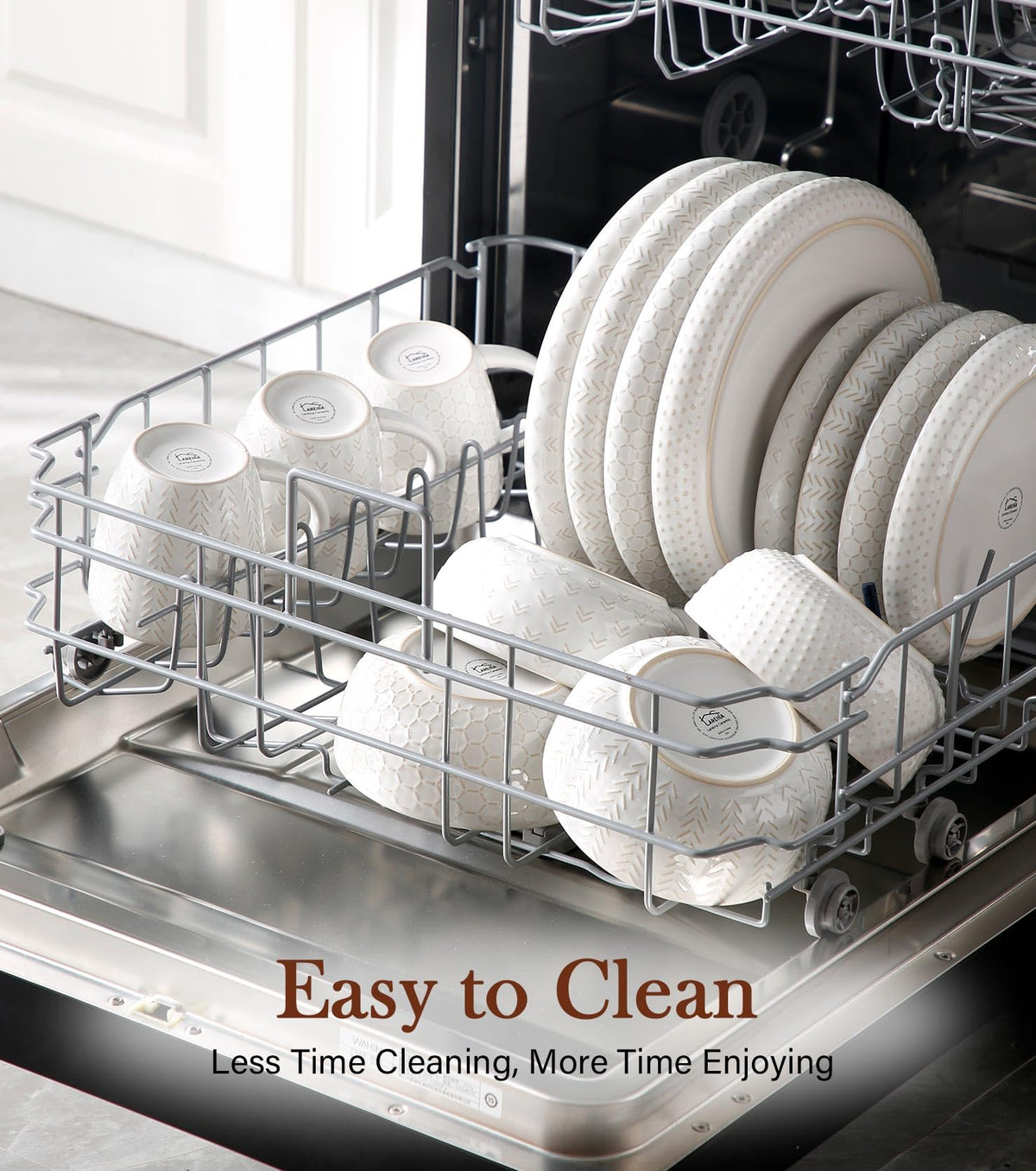 Lareina vintage-white dinnerware set brings timeless farmhouse charm.