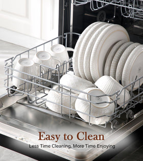 Lareina vintage-white dinnerware set brings timeless farmhouse charm.