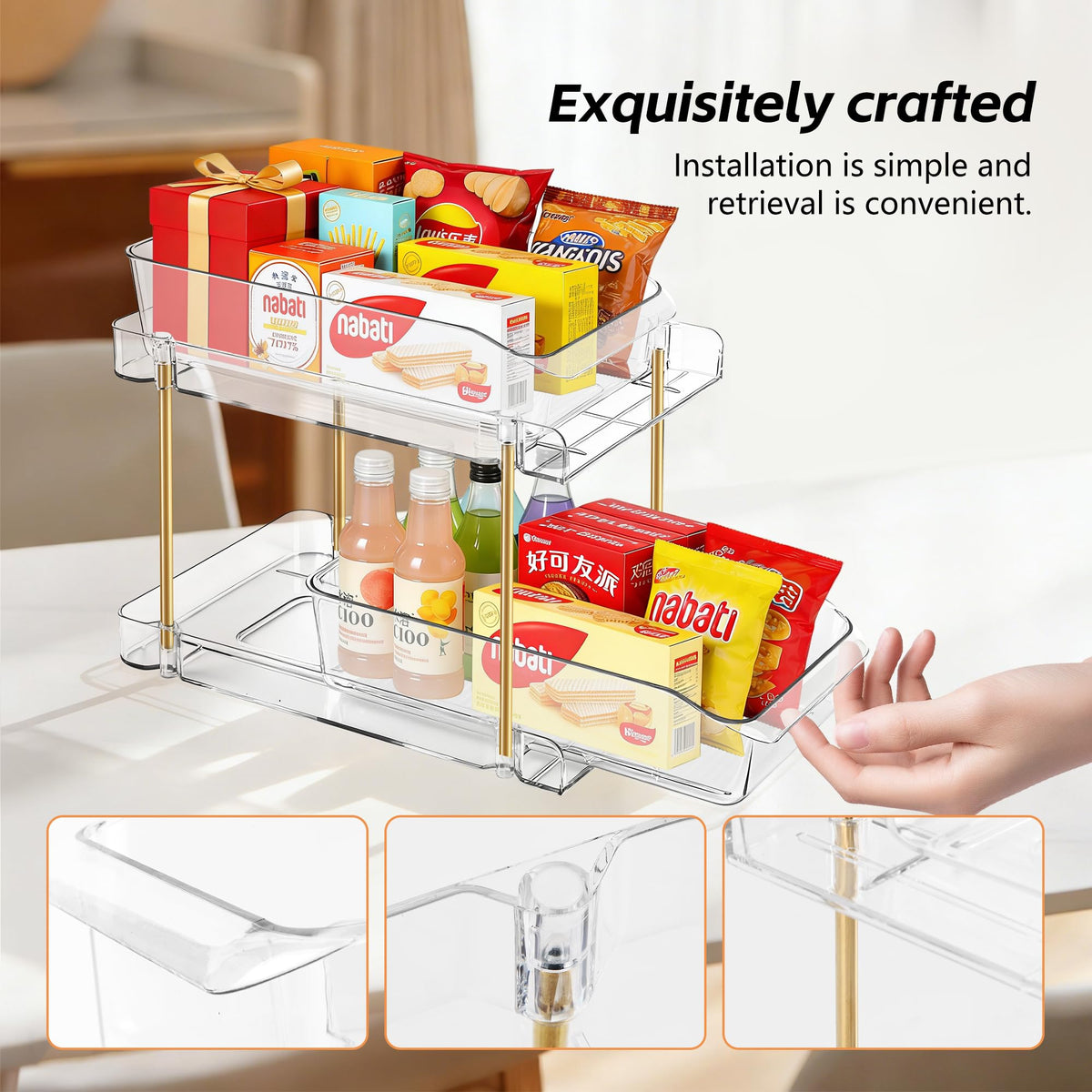 LAREKUN 4-pack 2-tier organizer on countertop, clear visibility of contents.