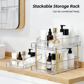 LAREKUN 4-pack 2-tier organizer, drawer pulled out, easy access to items.