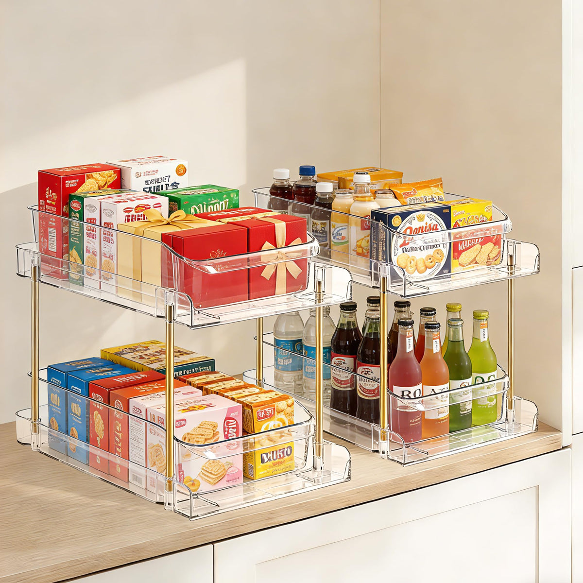 LAREKUN 4-pack 2-tier organizer in kitchen use, clean and organized.