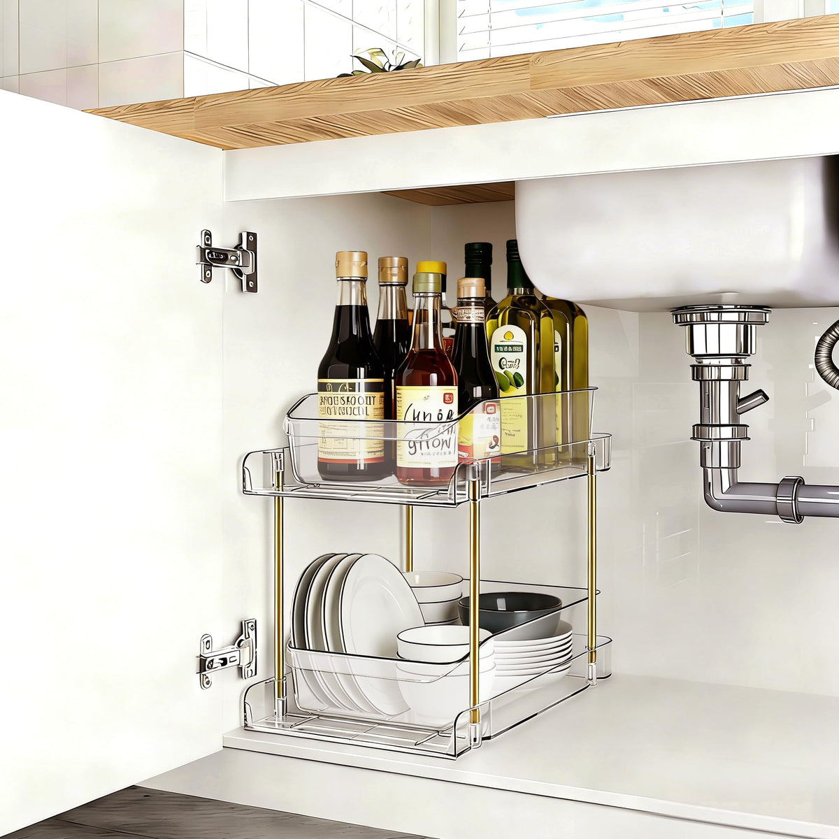 LAREKUN 4-pack 2-tier organizer, side view, maximizes vertical cabinet space.
