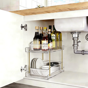 LAREKUN 4-pack 2-tier organizer, side view, maximizes vertical cabinet space.